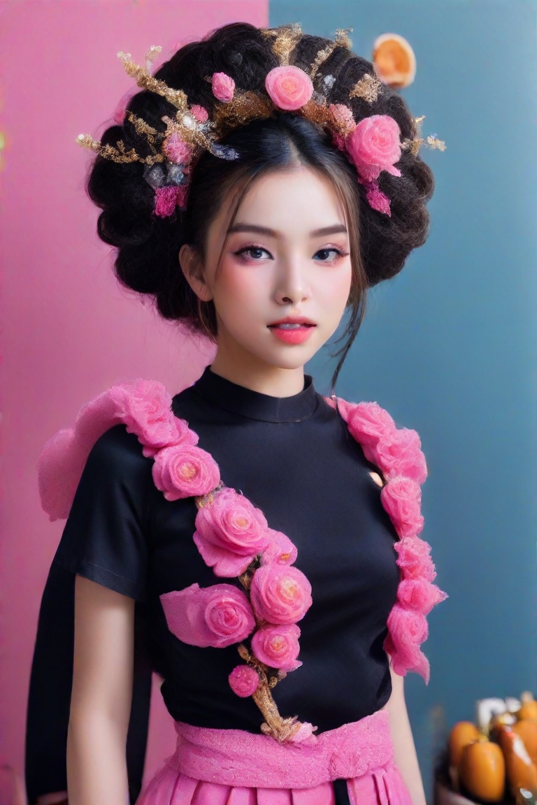 A girl has an elaborate hairstyle with a mix of black and pink tones,  which could suggest a creative or rebellious person...