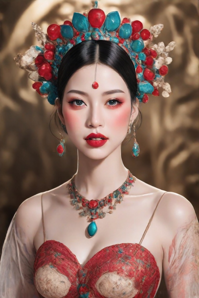 The image depicts a portrait of a person with stylized features. The individual has black hair styled in a bob cut and is...