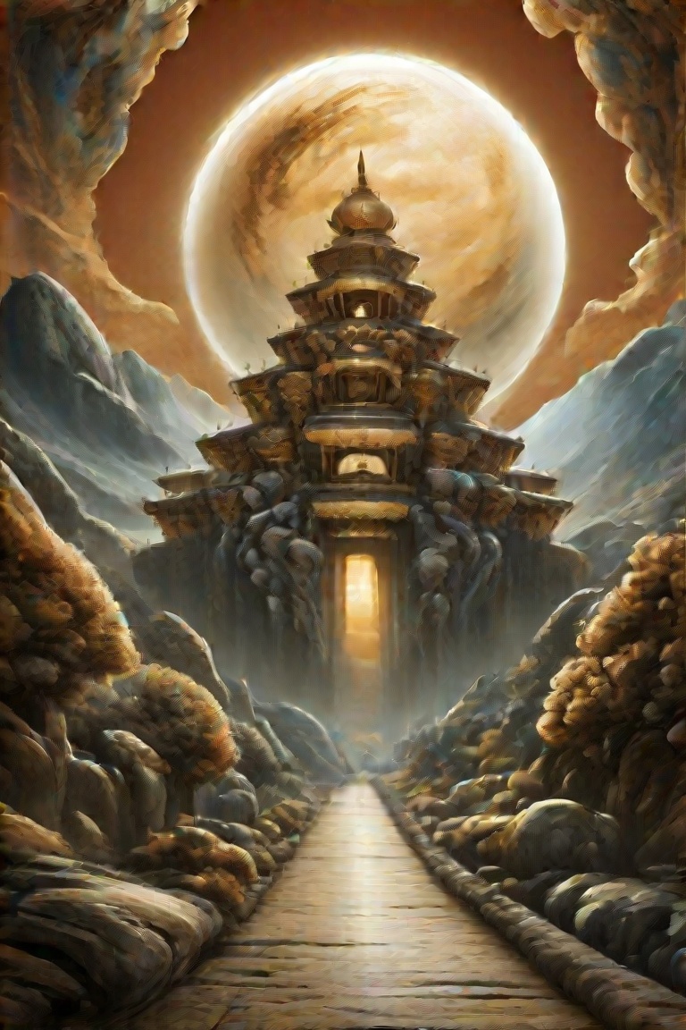 A surreal,  futuristic landscape at dusk with a massive,  luminous golden moon dominating the sky on Tensor.Art