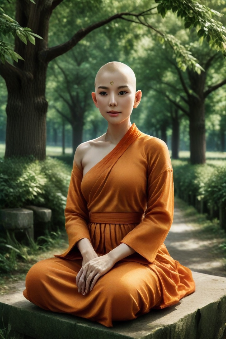A serene Buddhist monkess,  draped in vibrant orange robes and adorned with a delicate veil,  sits cross-legged on a rusti...
