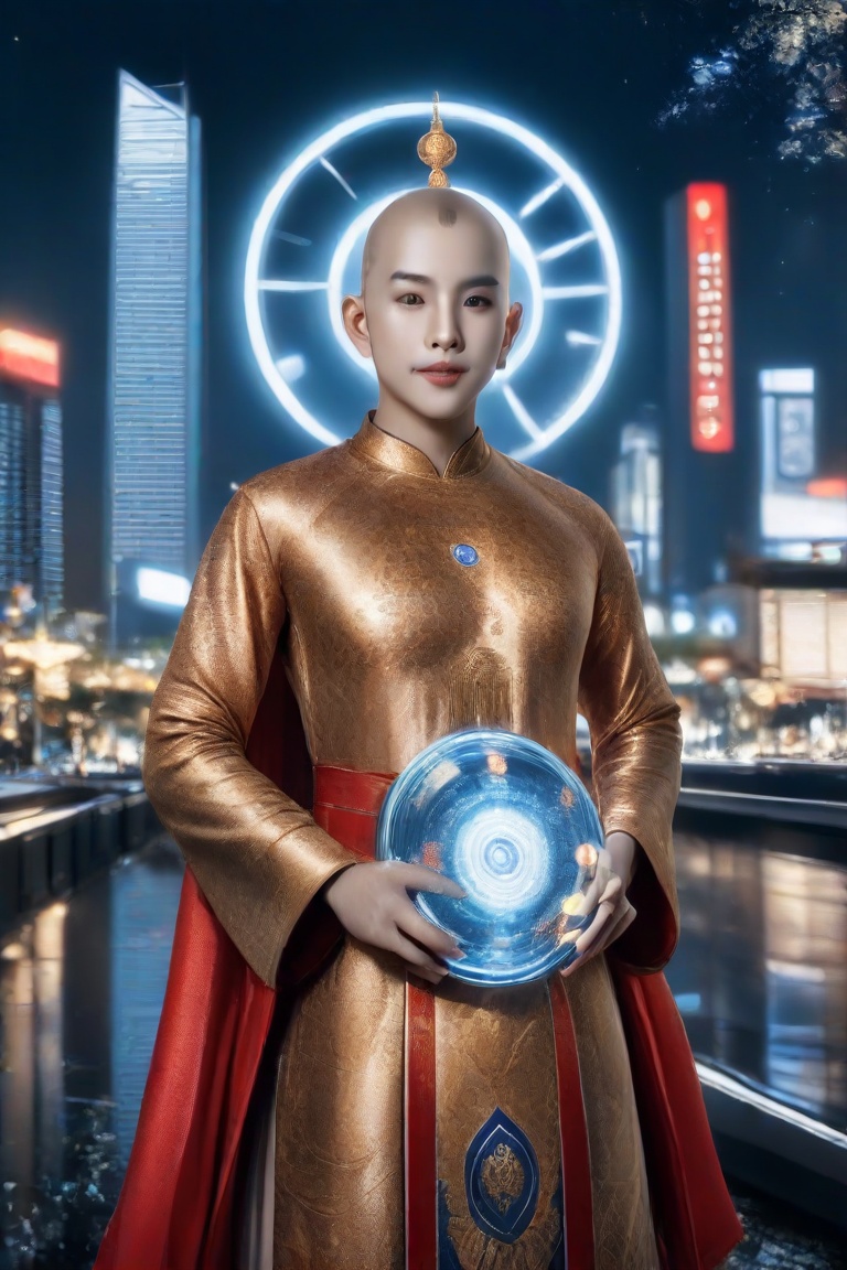 A majestic bald figure with East Asian features stands against a sleek,  modern cityscape backdrop,  richly decorated trad...