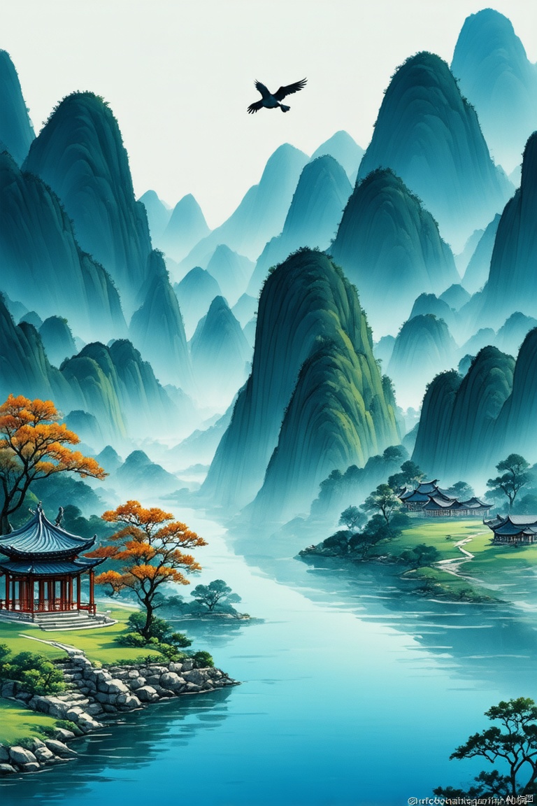Landscape painting, with overlapping mountains, rippling water, flying birds, a pavilion standing still, a strong sense of autumn, a strong layering, a painting style, a specific perspective, soft light, bright colors, Eastern aesthetics, long-focus lens, natural light, static composition, warm tones, and a peaceful atmosphere. Chinese cyberpunk, Chinese ink, future city.,