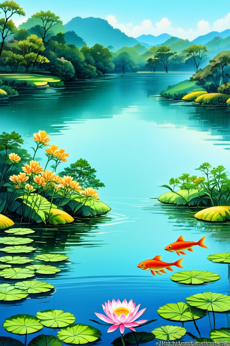 Overlooking effect, 8K, high-definition, hand drawn, marker pen, summer scene, lake surface, lotus flowers, goldfish, adding details, enhancing clarity, extremely high resolution, bright,