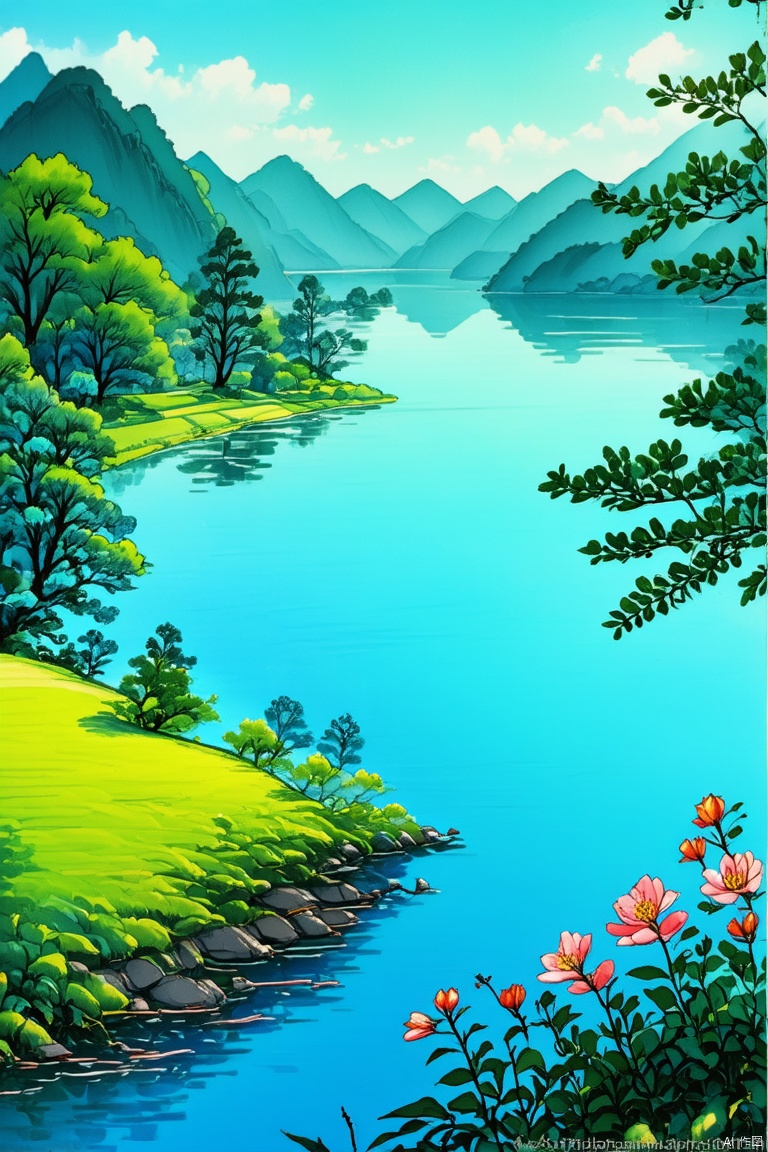 Overlooking effect, 8K, high-definition, hand drawn, marker pen, summer scene, lake water, trees, flowers, adding details, enhancing clarity, extremely high resolution, bright,