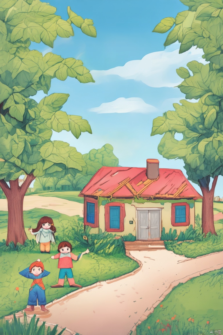   There is only one house, a somewhat dilapidated old one, with green leaves covering the exterior walls and layers of wrapping. The countryside and small roads create a peaceful and lonely atmosphere, with children's hand drawn, pencil drawn, and illustrated images. The colors are bright and the content is rich and colorful, with increased details and clarity, resulting in extremely high resolution
