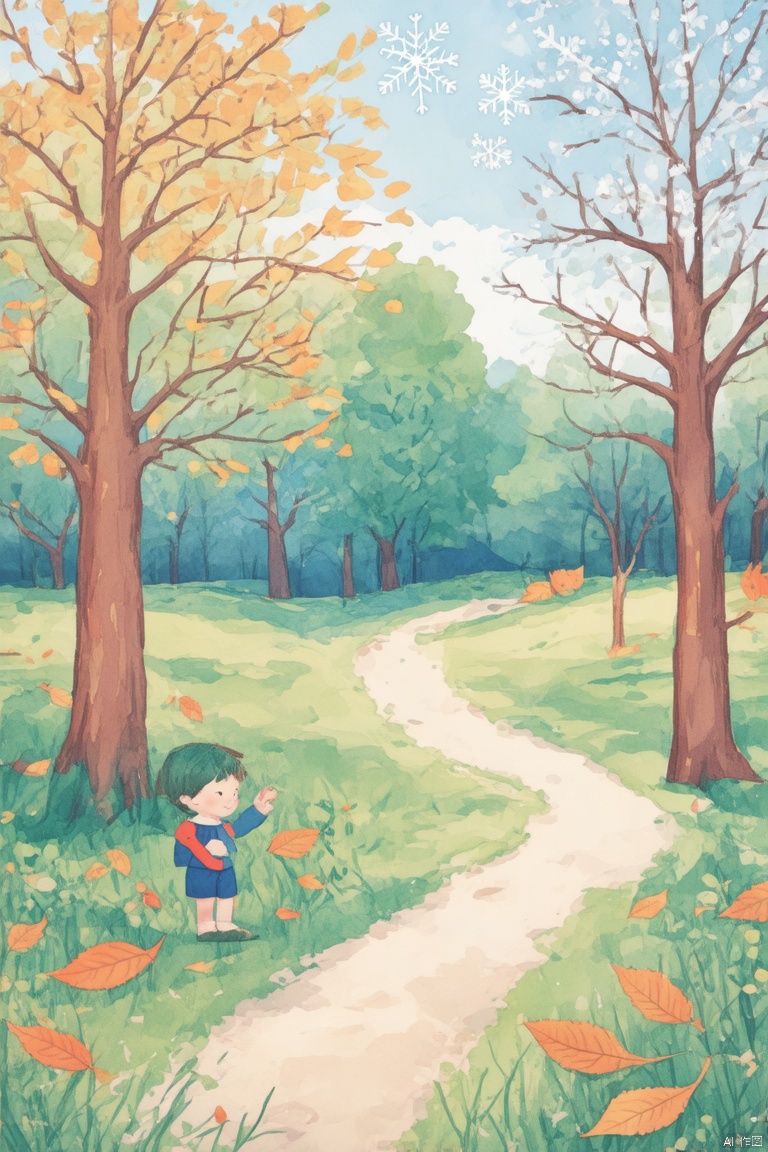 Watercolor style, pastel, forest, trees, snowflakes, fallen leaves, seasonal transitions, autumn and winter, green and white backgrounds, illustrations, digital art, nature, tranquility, seasonality, simple style, textured paper effects, vertical layout, countryside, harmony, soft colors, soft lighting, children's hand drawing, pencil drawing, illustrations, bright colors, rich and colorful content, increased details, improved clarity, extremely high resolution