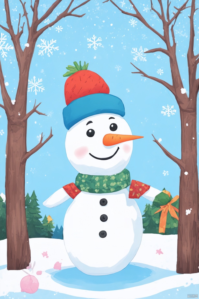 Snowman, winter scene, cartoon style, snowflakes, leafless trees, blue background, smile, carrot nose, red fluffy ball hat, branch arm, three black buttons, joyful atmosphere, light snow, pink, children's book illustration, illustration, digital art, natural, peaceful, seasonal, simple style, textured paper effect, rural, harmonious, soft colors, soft lighting, children's hand drawing, pencil drawing, illustration, bright colors, rich and colorful content, increased details, improved clarity, extremely high resolution