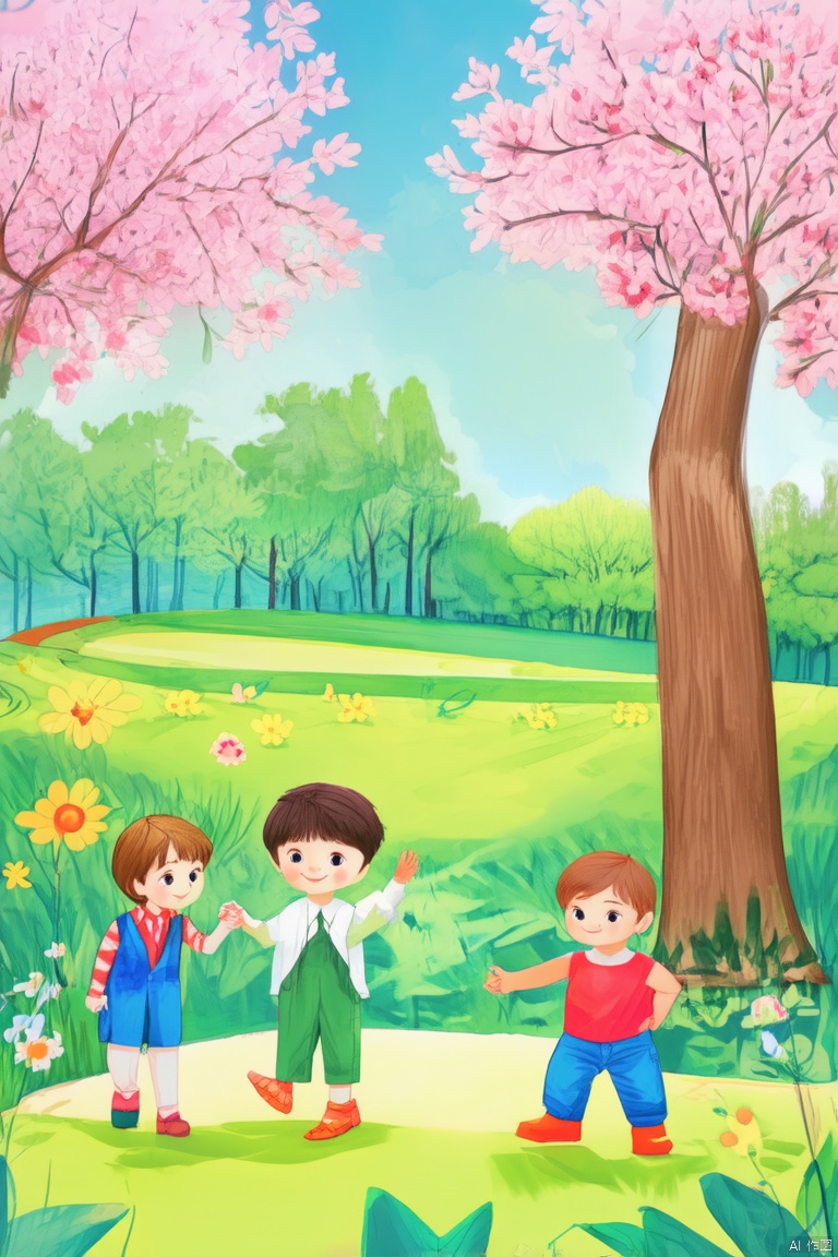 Park, spring, green, healing style, children's hand drawing, pencil drawing, illustrations, bright colors, rich and colorful content, increased details, improved clarity, extremely high resolution