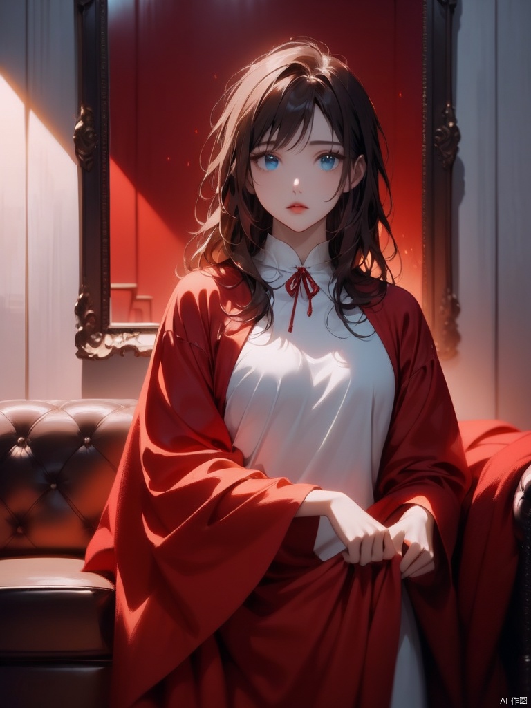 a young Asian girl with dark brown hair and blue eyes stands in front of a mirror. She is wearing a white long-sleeved t-shirt, adorned with a white collar. Her lips are painted a vibrant red, adding a pop of color to the scene. The backdrop is a stark white wall with a brown frame, and a maroon sofa with a red blanket draped over it. The sofa is positioned in a dimly-lit room, with a tassel hanging from the left side of the frame.