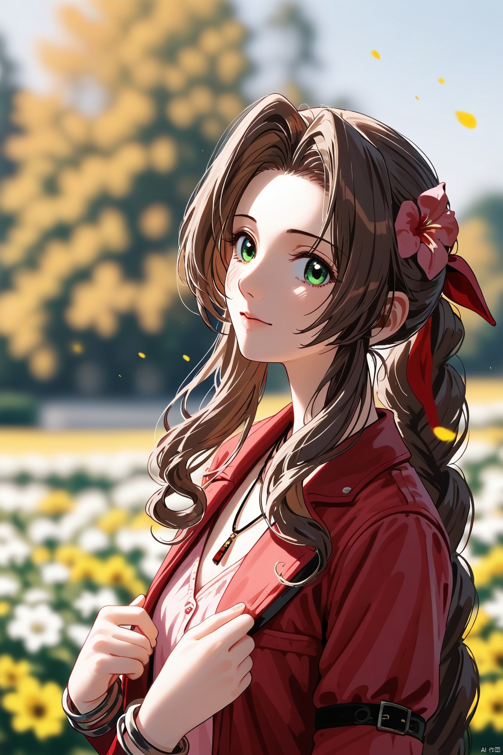 aerith,artistic photos,depth of field,details,outdoors,tiantian