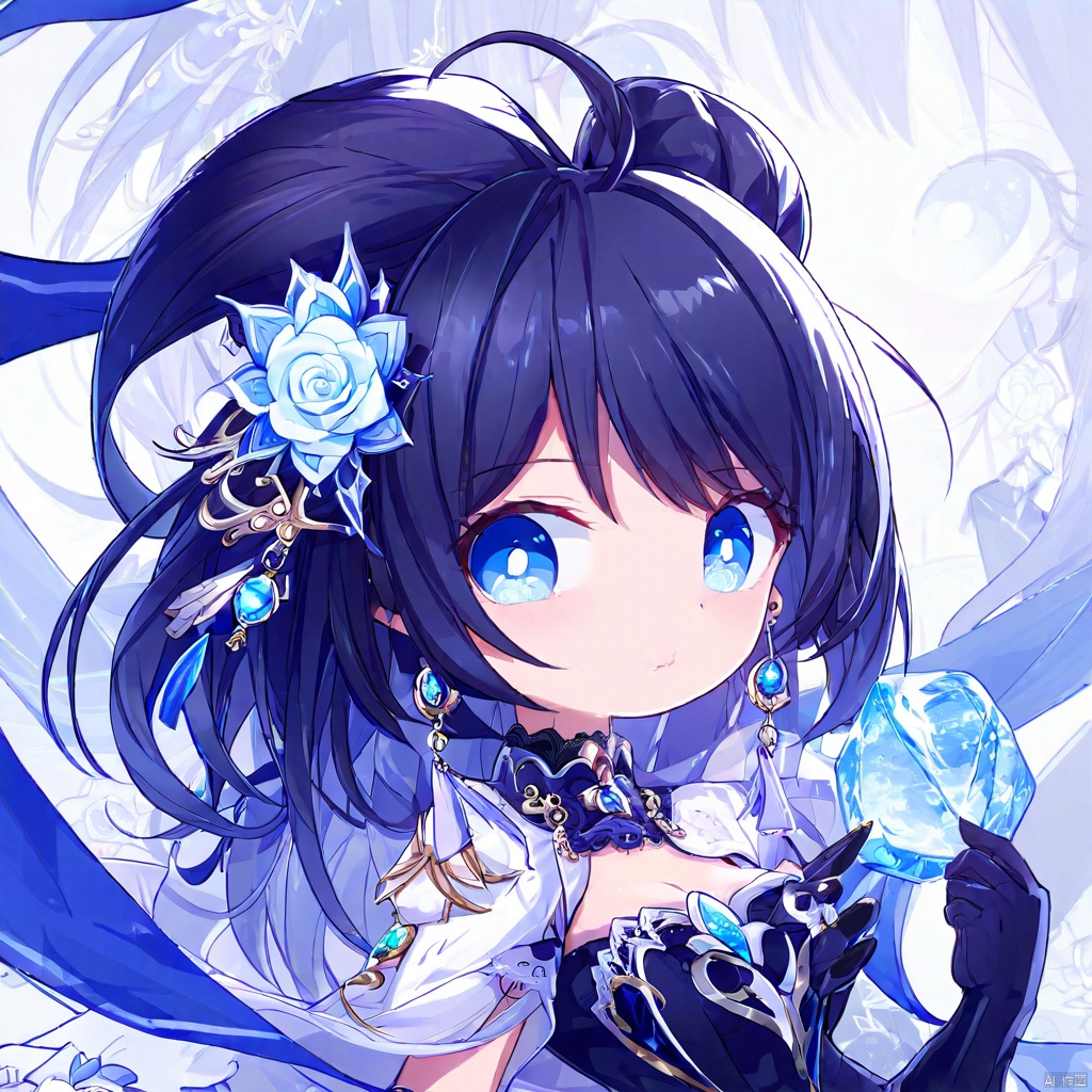 (masterpiece),(best quality),illustration,ultra detailed,hdr,Depth of field,(colorful),loli,[Artist:wlop],[[Artist:sheya]],Artist:hiten_(hitenkei),1girl,heterochromia,gloves,hair ornament,blue eyes,black gloves,solo,jewelry,long hair,black flower,looking at viewer,necklace,smile,purple eyes,white dress,dress,black rose,grey hair,elbow gloves,upper body,flower,earrings,collarbone,hair flower,asymmetrical gloves,black dress,single elbow glove,split theme,bare shoulders,indoors,single glove,ribbon,nail polish,breasts,