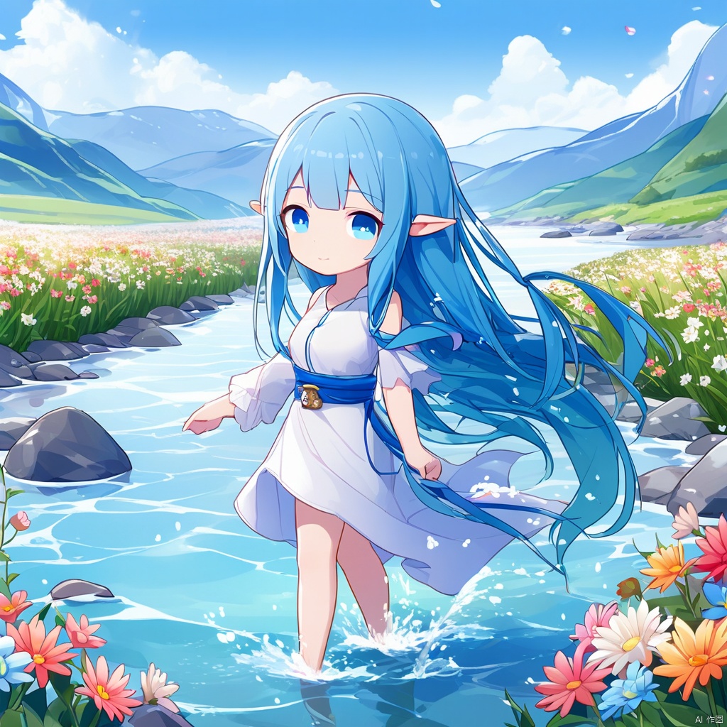 absurdres,4K,extreme detail,panorama,high viewing angle,flower sea plain,colorful flower sea,breeze,a clear stream,shallow stream,mountains in the distance,blue sky shining on the water,rich environmental details,A girl,blue hair,straight long hair,blue eyes,clear and bright eyes,slender figure,elf ears,Wearing a white simple dress,off the shoulder,bare_legs,barefoot,Walking in streams,treading water,head_down,light movements,
