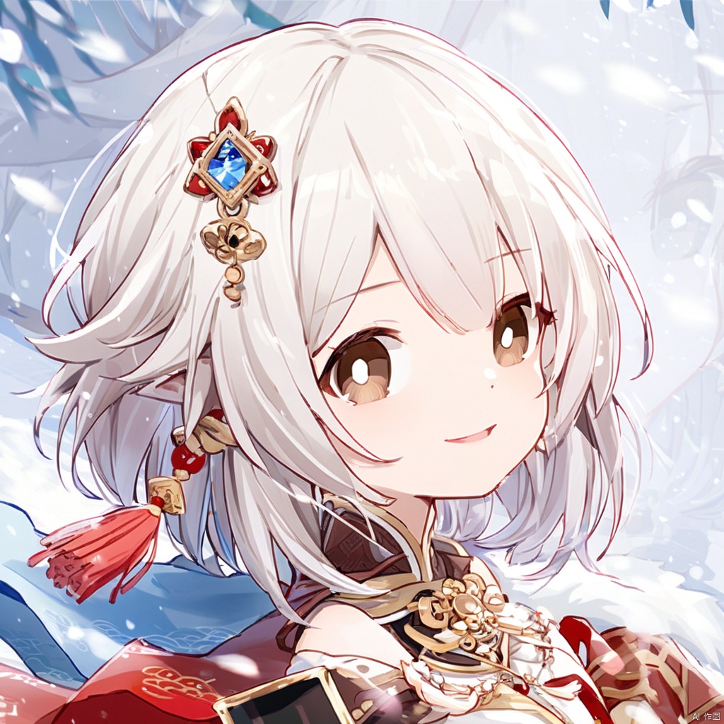 masterpiece,best quality,high quality,(colorful),[Artist miwano rag],[Artist toosaka asagi],[[[Artist wlop]]],[Artist chen bin],Artist Miv4t,in the snow,1girl,solo,smile,short hair,white hair,brown eyes,jewelry,emotionless,hanfu,chinese_clothes,necklace,web address,snow,snowing,oil-paper,(white theme),(black theme),ink,tree,(red flowers),onnk,