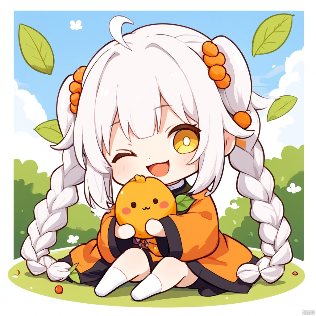 Q Space,1girl,orange,holding small animals,smiling,white hair,sitting,double braids,braids,leaves,fruit,long sleeves,bangs,yellow eyes,open mouth,solo,:d,long hair,blot bangs,outdoor,twintails,while,brush et,stickers,Orange pulp,Orange pulp