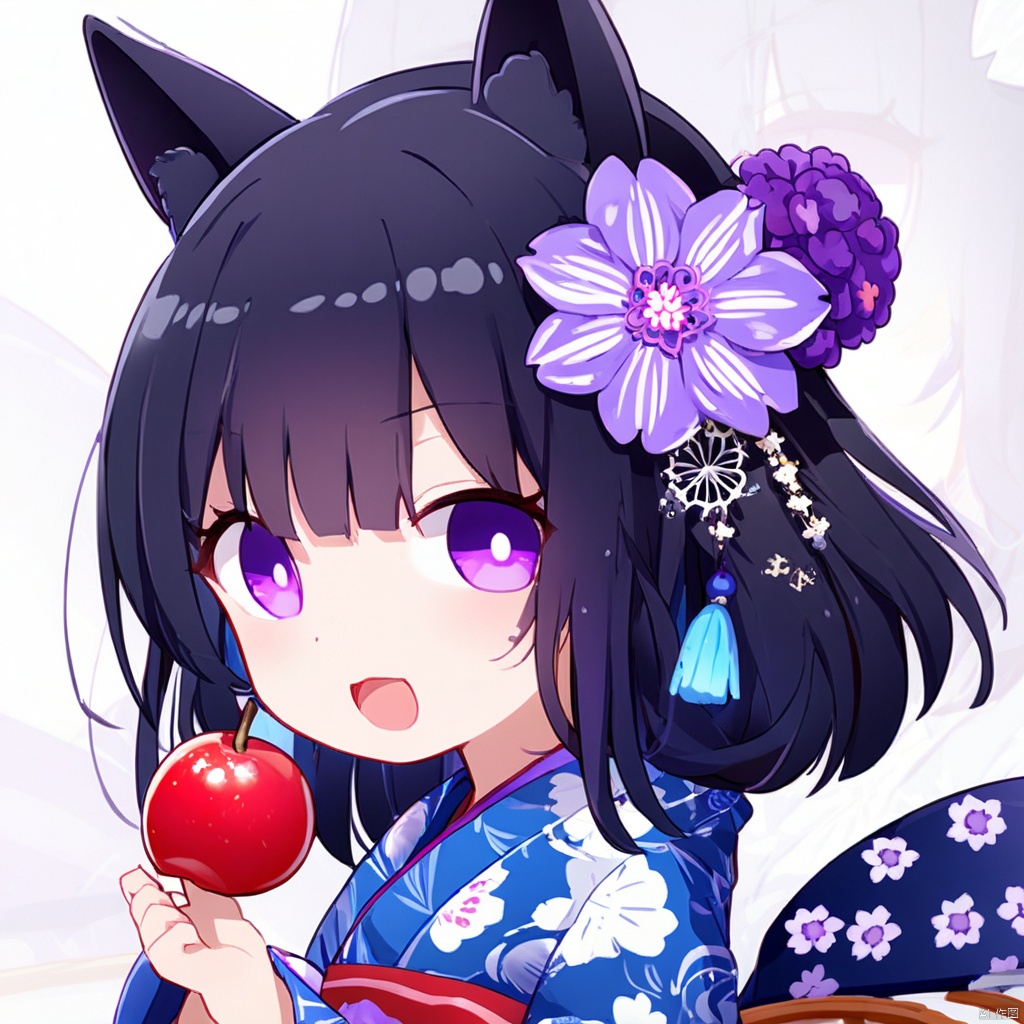 1girl,solo,food,japanese clothes,flower,hair ornament,candy apple,kimono,hair flower,looking at viewer,holding,bangs,purple eyes,mask,holding food,hair between eyes,purple flower,yukata,blue flower,portrait,open mouth,print kimono,floral print,earrings,fireworks,:o,jewelry,black hair,shiny hair,shiny,mask on head,black background,fox mask,upper body,sidelocks,mercury,Noyu,