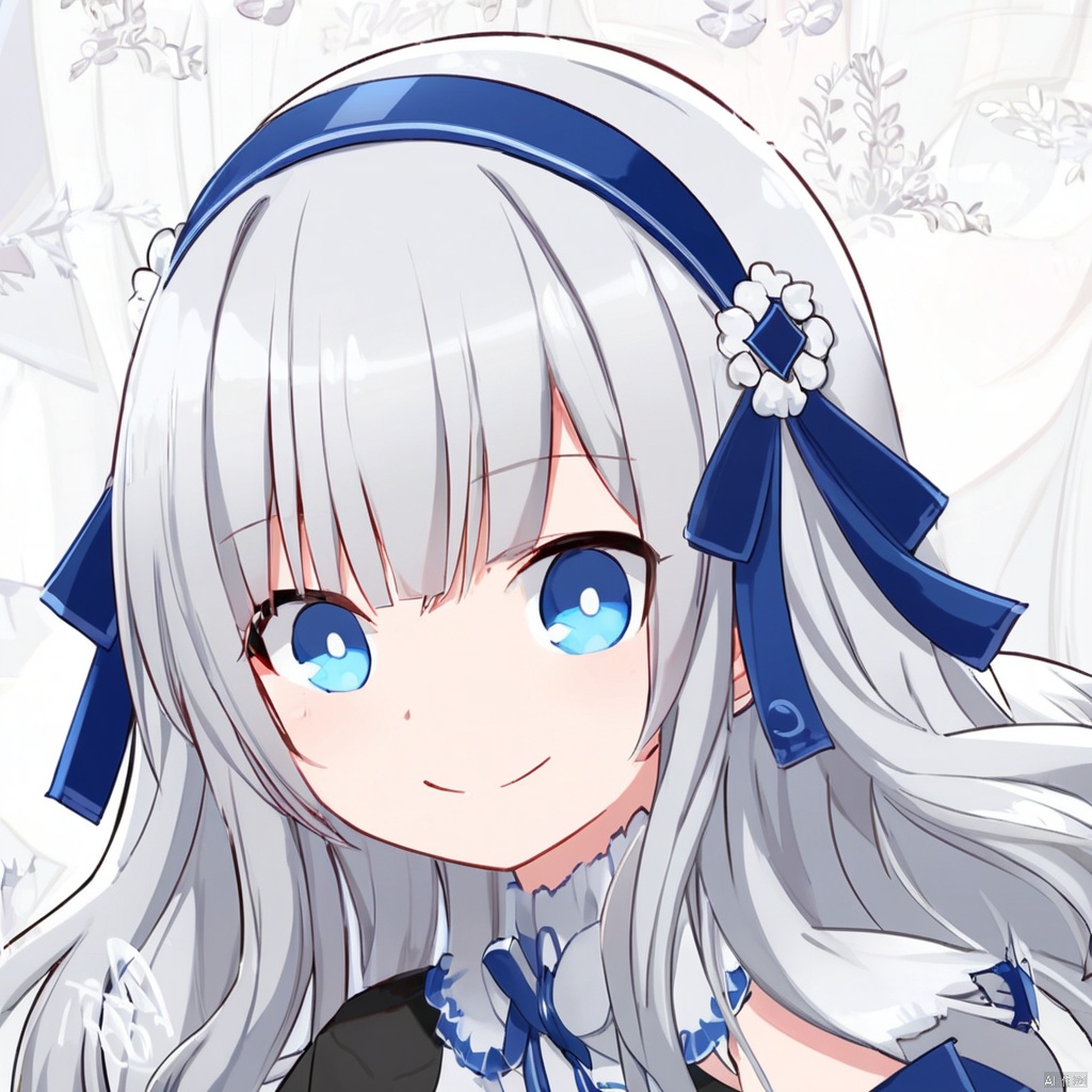 1girl, solo, long hair, looking at viewer, smile, bangs, blue eyes, hair ornament, long sleeves, ribbon, closed mouth, hair ribbon, white hair, grey hair, hairband, zoom layer,Q