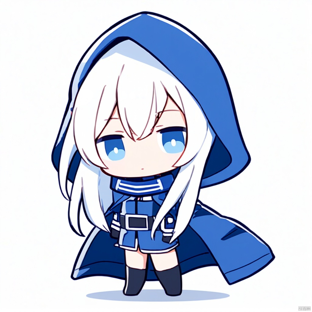 Q,line art,line style,simple background,1girl,solo,chibi,full body,blue eyes,white hair,long hair,hair between eyes,medium breasts,blue coat,id card,cloak,long sleeves,belt,pleated skirt,black pantyhose,thigh boots,light smile,blush,half-closed eyes,looking at viewer,masterpiece,bestquality,onnk,
