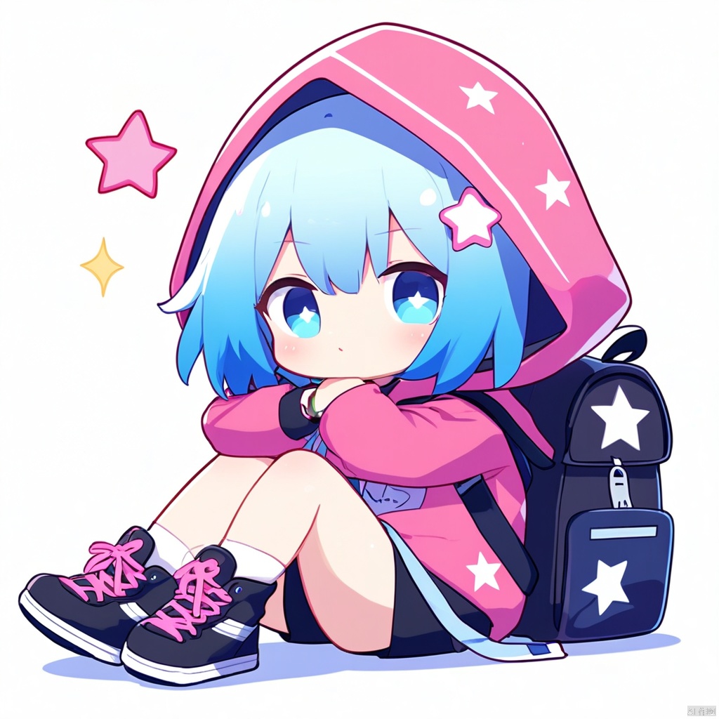 masterpiece, best quality, 8k, cinematic light, ultra high res, chibi, 1girl, bag, backpack, solo, multicolored hair, shorts, star \, (symbol\), blue hair, hood, sitting, pink hair, star hair ornament, head rest, socks, pink footwear, black shorts, hair ornament, full body, boots, bandaid, gradient, twintails, jacket, 