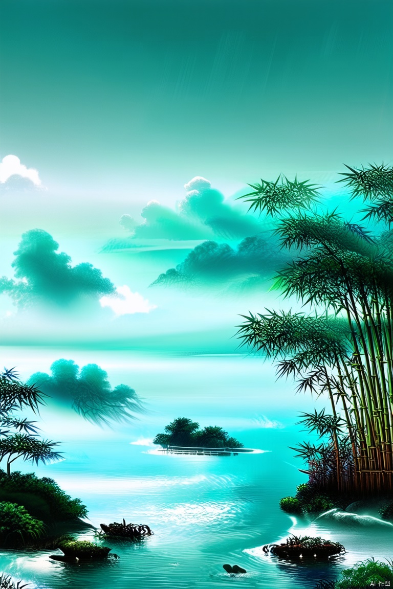 IGreen bamboo sea, flowing clouds, lake, level layered composition, pure color, mobile phone wallpaper, 4K HD, ethereal effect,
