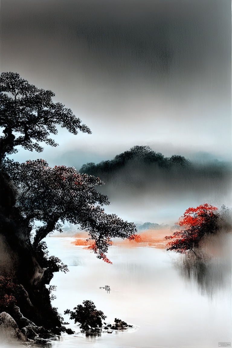 Ink painting, ancient Chinese painting, traditional Chinese ink painting, landscapes, lakes, trees, shrubs, black, red, gray, orange, light blue, light blue, white smoke (monochrome, Romantic era painting, black ink stains Maurice Sapiro、zdzislaw Beksinski,：0.6）、 Ultra detailed, detailed background, masterpiece, fine detail, complex background, 8K resolution, tree branches, ink painting,