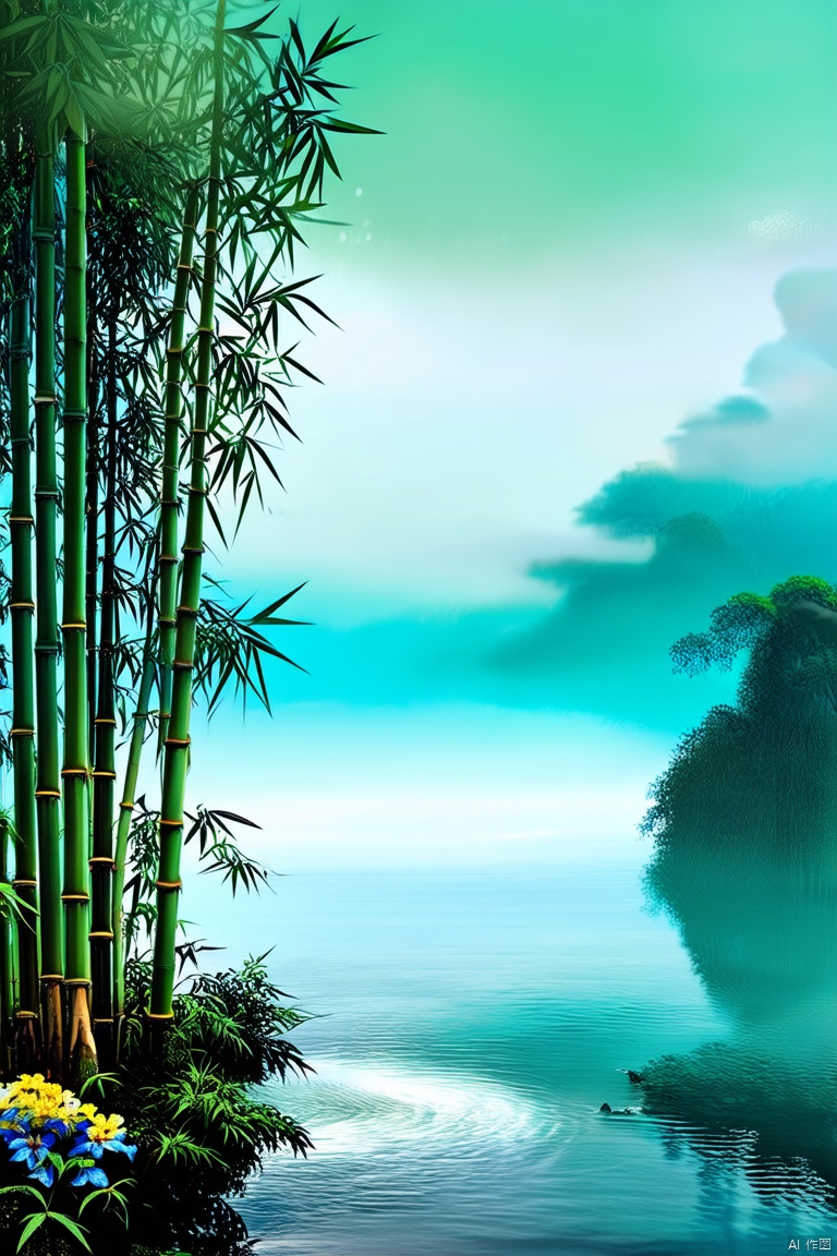 IGreen bamboo sea, flowing clouds, lake, level layered composition, pure color, mobile phone wallpaper, 4K HD, ethereal effect,