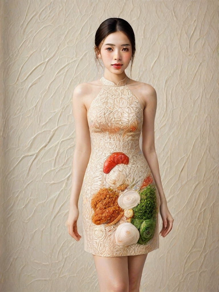 The image is an artistic representation of a female figure wearing a unique outfit. The outfit is a pencil dress that are...