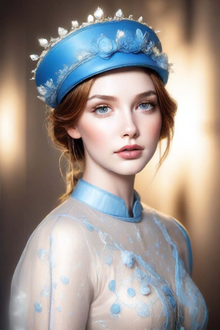 The image captures a close-up of a woman's face and upper attire. The focus is on her facial features,  which include her...