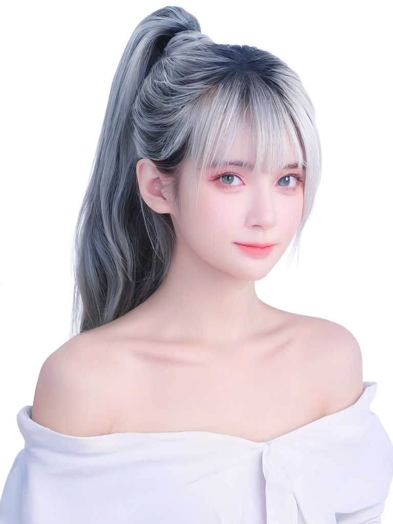 1girl, solo, long hair, looking at viewer, blush, bangs, simple background, shirt, white background, hair between eyes, bare shoulders, jewelry, closed mouth, collarbone, upper body, white hair, grey hair, off shoulder, side ponytail, grey eyes, 