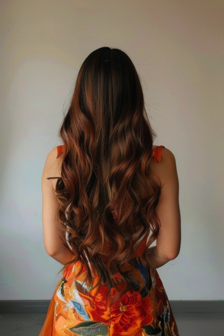 A stunning Korean beauty poses elegantly in a well-lit studio setting,  her long brown locks styled in glamorous pin curls...