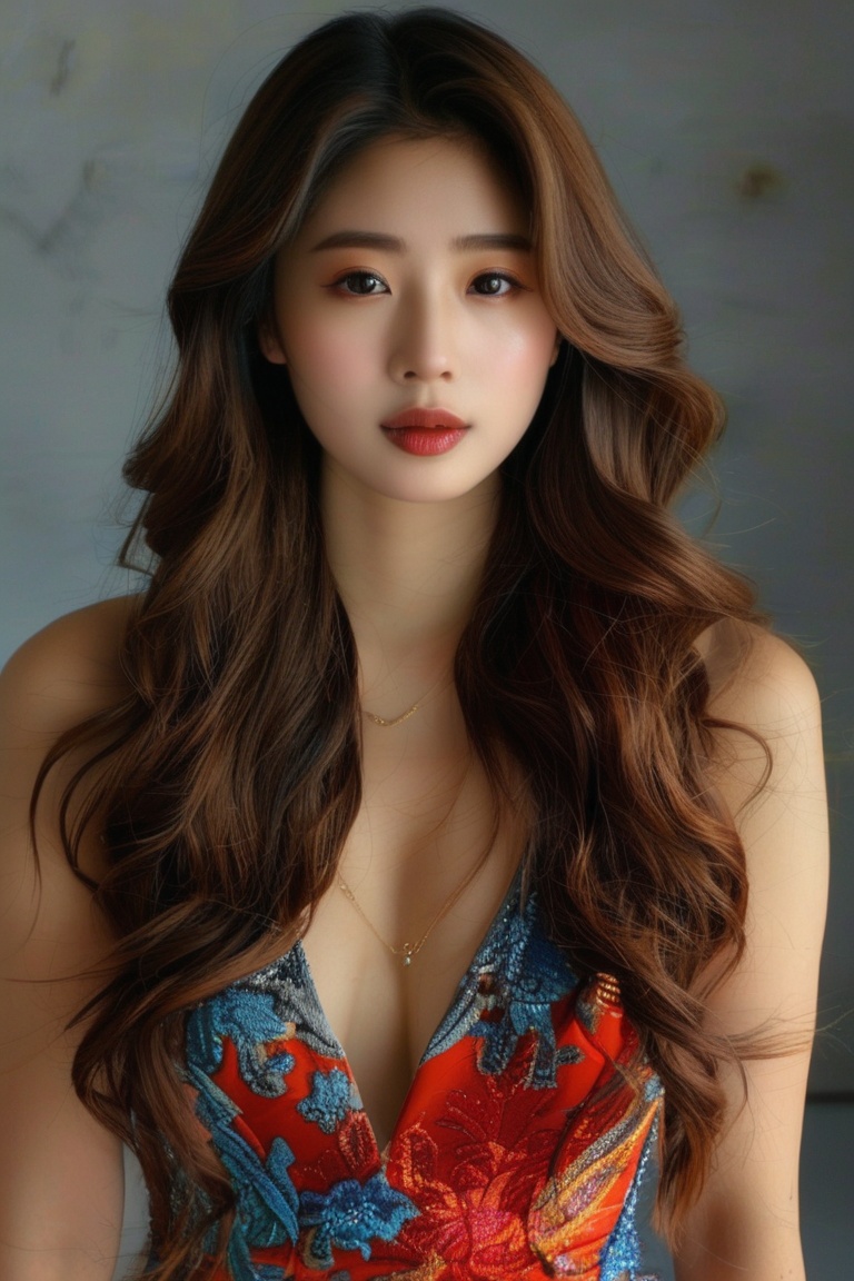 A stunning Korean beauty poses elegantly in a well-lit studio setting,  her long brown locks styled in glamorous pin curls...