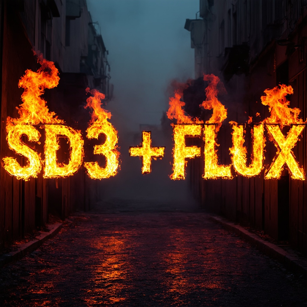 A cinematic photograph of the words ' SD3 + FLUX' ablaze with fiery flames,  set against a mysterious,  fog-shrouded urban...