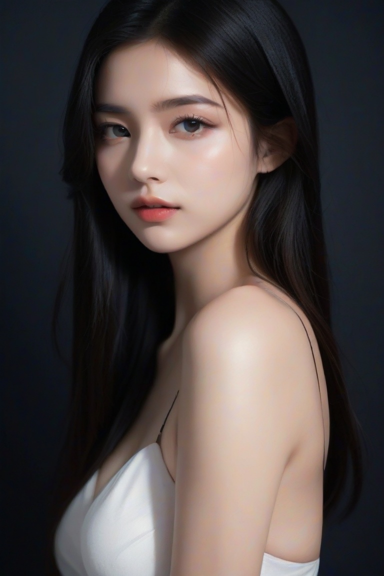 masterpiece, best quality, realistic, 1girl, solo, long and straight hair, looking at viewer, dark black hair, upper body, Black Background, subtle lighting, simple background, relaxed pose, natural skin tones, clear facial features, serene expression, soft shadows, smooth skin texture, portrait style, high resolution, elegant atmosphere
