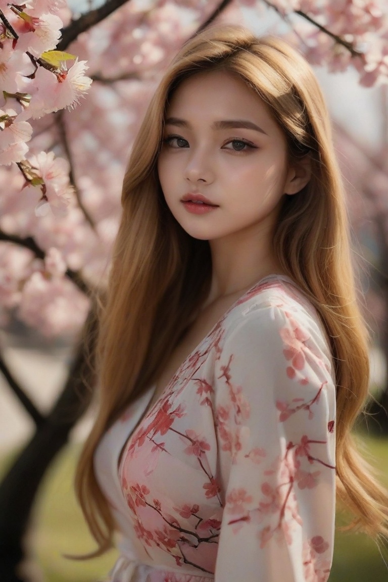 masterpiece, best quality, 1girl, solo, long hair, looking at viewer, blonde hair, brown hair, upper body, flower, outdoors, parted lips, blurry, from side, lips, depth of field, blurry background, floral print, cherry blossoms, realistic, nose, branch,