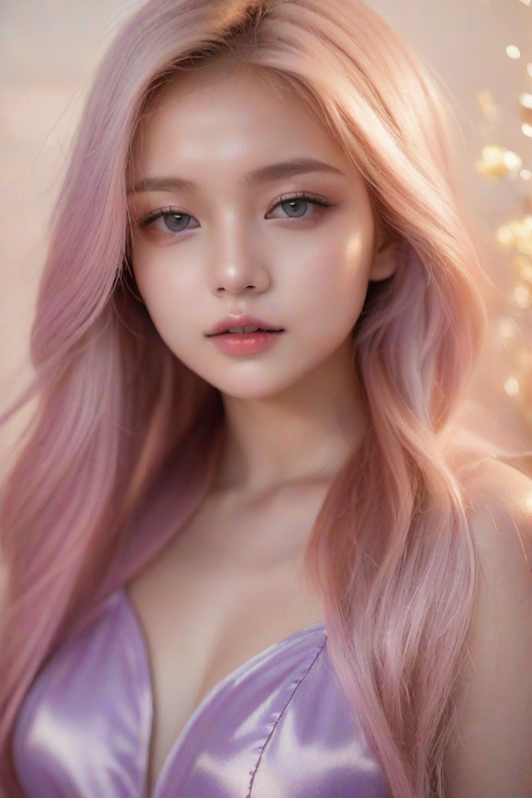 A whimsical portrait of a girl with striking features. The framing is tight, focusing on her enchanting face. Soft, pastel pink hair swirls around her like a fiery halo. Her eyes are an otherworldly purple, shimmering like amethyst in the warm light. The background is a blurred wash of cream and lavender, allowing her mesmerizing gaze to take center stage. 