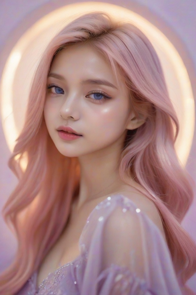 A whimsical portrait of a girl with striking features. The framing is tight, focusing on her enchanting face. Soft, pastel pink hair swirls around her like a fiery halo. Her eyes are an otherworldly purple, shimmering like amethyst in the warm light. The background is a blurred wash of cream and lavender, allowing her mesmerizing gaze to take center stage. 