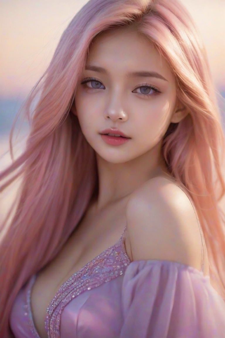 A whimsical portrait of a girl with striking features. The framing is tight, focusing on her enchanting face. Soft, pastel pink hair swirls around her like a fiery halo. Her eyes are an otherworldly purple, shimmering like amethyst in the warm light. The background is a blurred wash of cream and lavender, allowing her mesmerizing gaze to take center stage. 