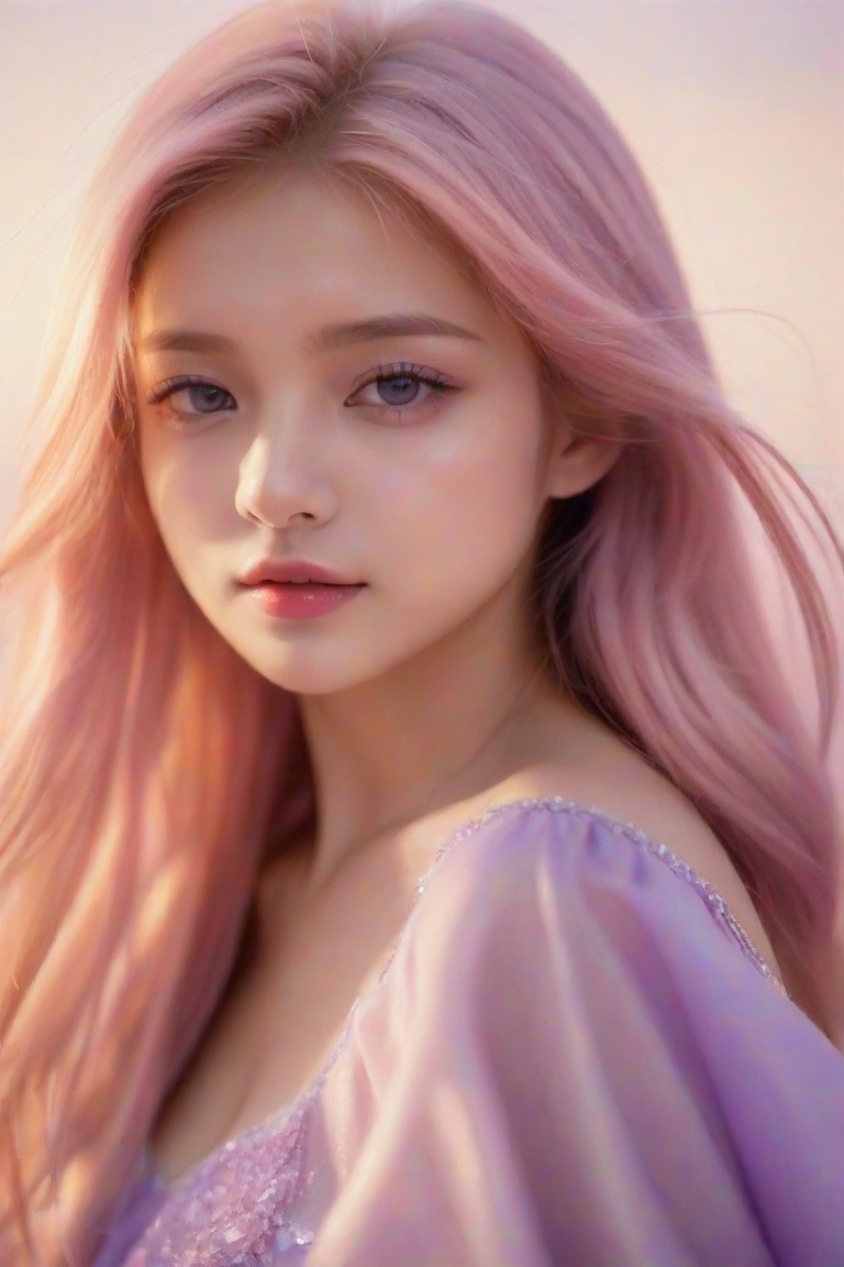 A whimsical portrait of a girl with striking features. The framing is tight, focusing on her enchanting face. Soft, pastel pink hair swirls around her like a fiery halo. Her eyes are an otherworldly purple, shimmering like amethyst in the warm light. The background is a blurred wash of cream and lavender, allowing her mesmerizing gaze to take center stage. 