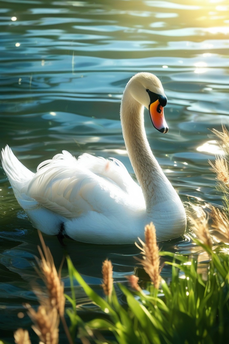 closeup,  swan swimming in the lake And there are weeds,  High quality on Tensor.Art