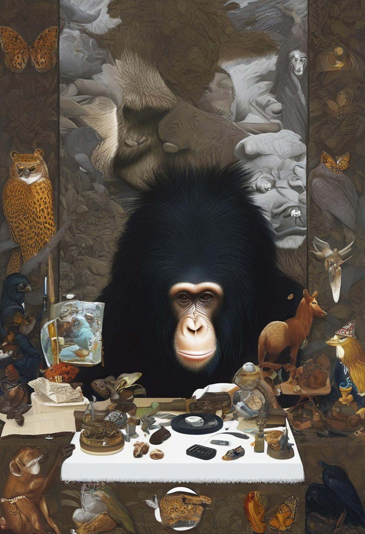 mwilks,  a detailed close-up captures a vibrant collage of human and animal faces,  bodies on Tensor.Art