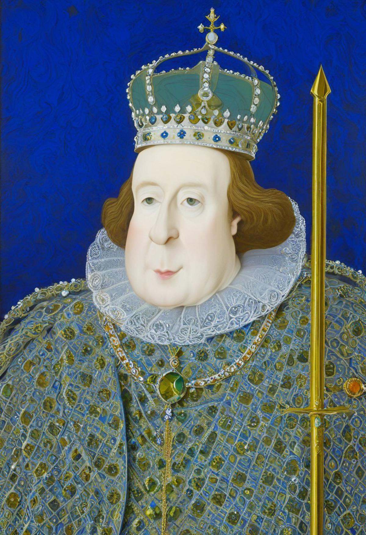 mwilks,  a detailed close-up painting of a king Charles III,  adorned in a crown and scepter wearing a royal attire. the b...