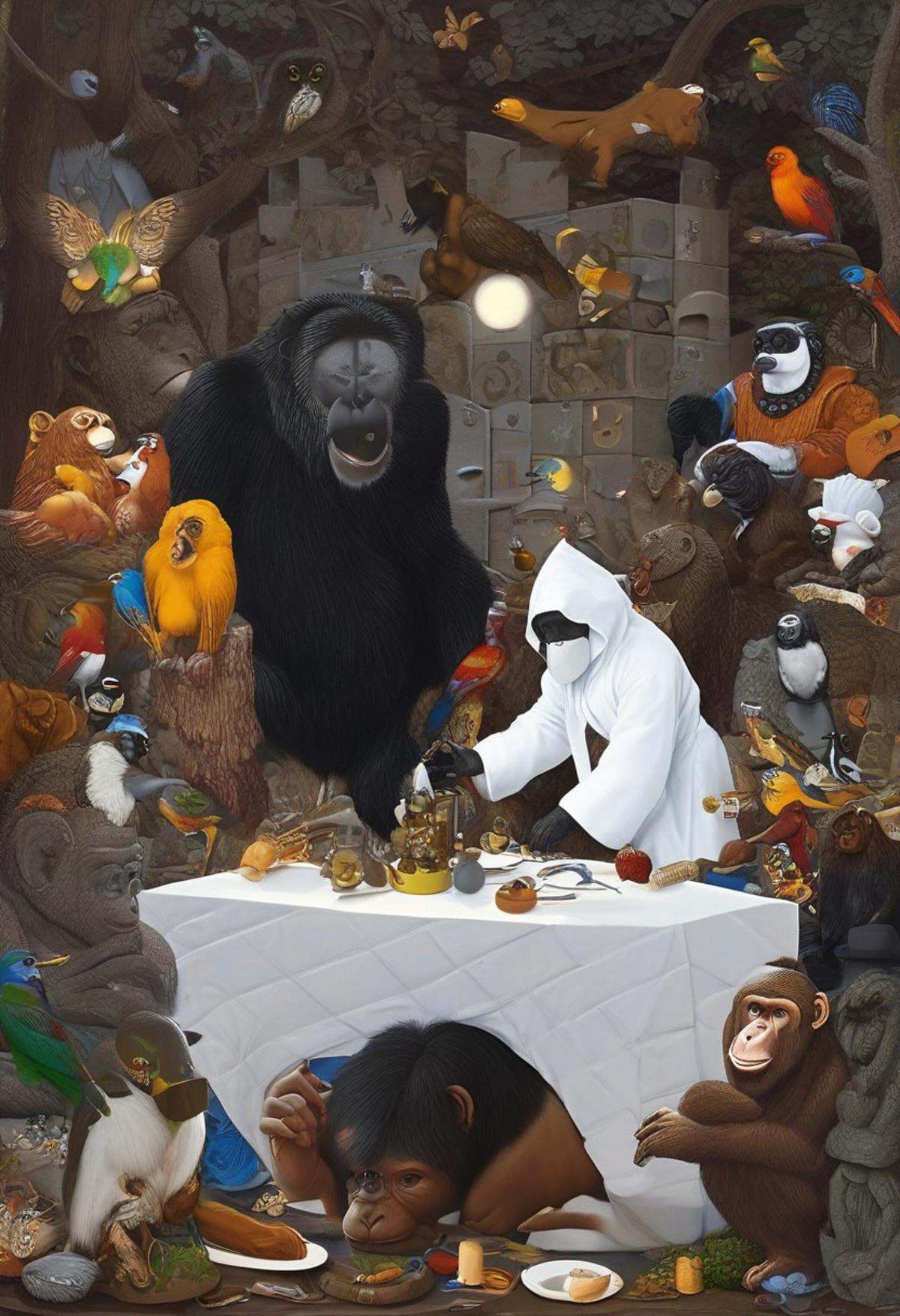 mwilks,  a detailed close-up captures a vibrant collage of human and animal faces,  bodies on Tensor.Art