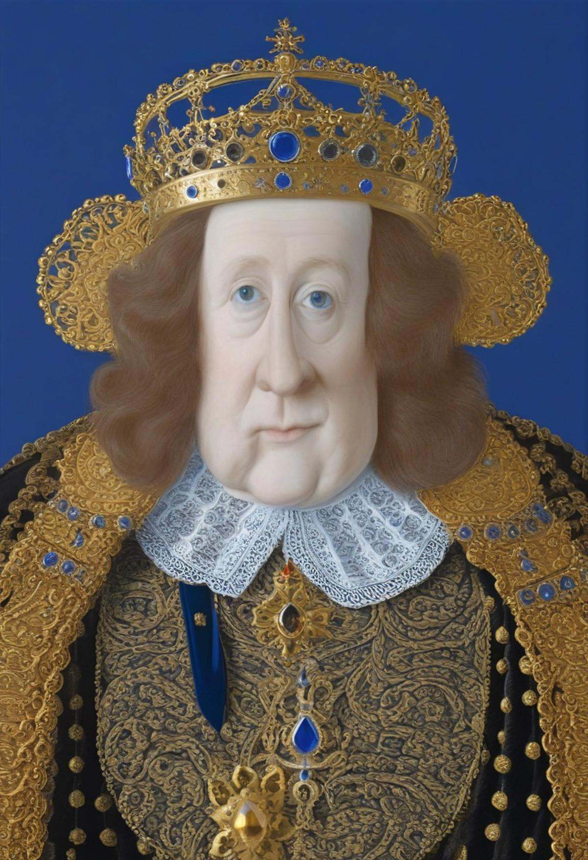 mwilks,  a detailed close-up painting of a king Charles III,  adorned in a crown and scepter wearing a royal attire. the b...