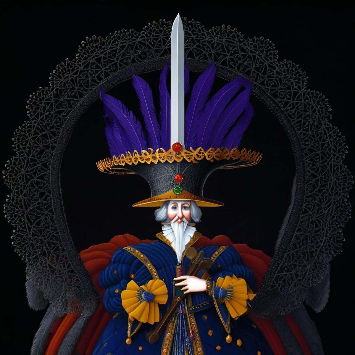 mwilks,  a fantastical,  comical character resembling a jester or court fool set against a solid black background on Tenso...