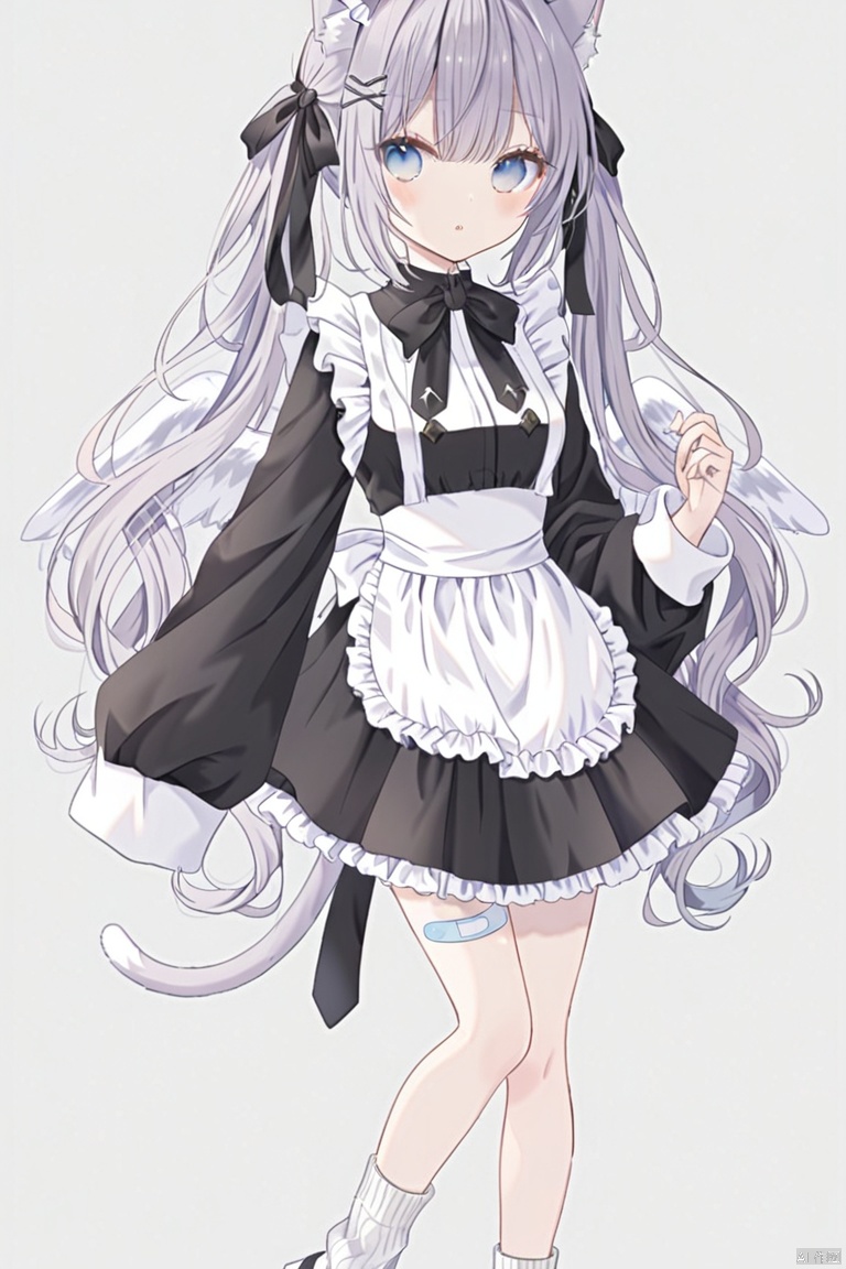 1girl, solo, long hair, looking at viewer, blush, bangs, blue eyes, simple background, hair ornament, long sleeves, white background, bow, animal ears, hair between eyes, twintails, very long hair, closed mouth, standing, jacket, tail, full body, hair bow, grey hair, multicolored hair, frills, parted lips, wings, shoes, socks, hairclip, puffy sleeves, cat ears, hand up, apron, cat tail, animal ear fluff, sleeves past wrists, maid, maid headdress, white footwear, standing on one leg, white bow, cat girl, white socks, waist apron, white apron, bandaid, sleeves past fingers, frilled apron, white wings, loose socks, bandaid on leg, mini wings
