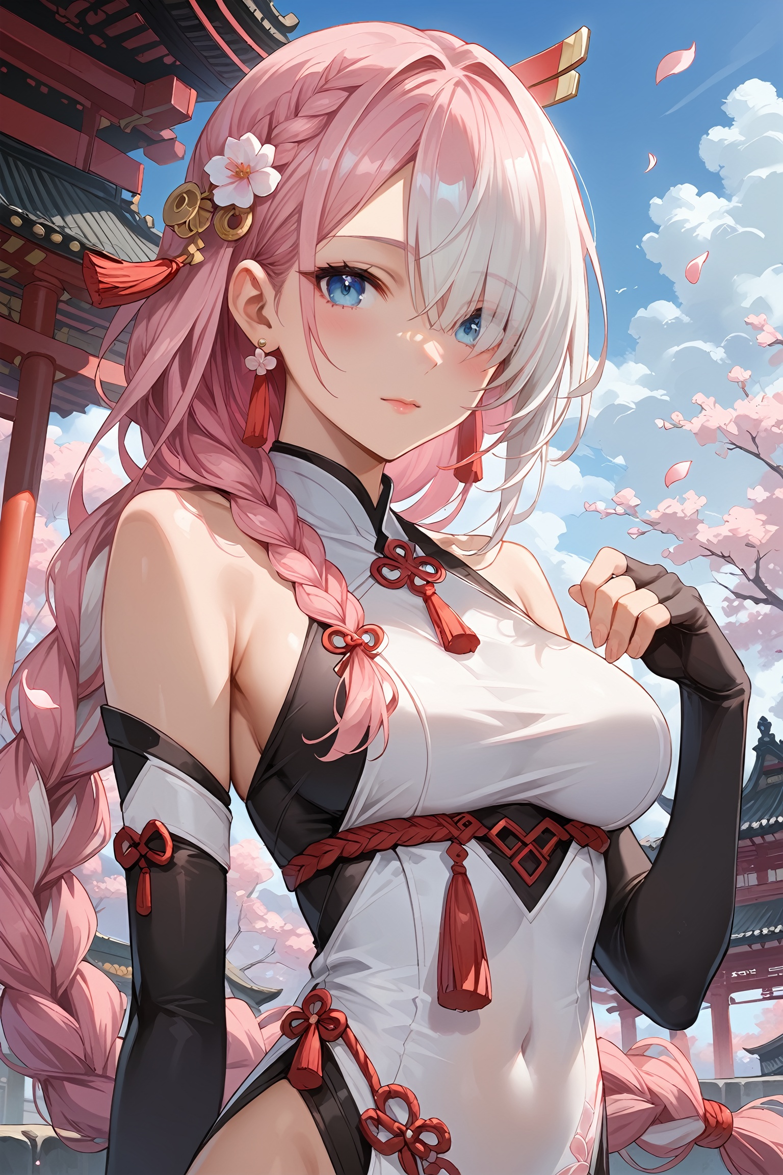 score_9, score_8_up, score_7_up, masterpiece, best quality, absurdres, very aesthetic, source_anime, detailed illustration, 8K UHD, upper body, 

1girl, solo, long hair, looking at viewer, blush, bangs, blue eyes, medium breasts, hair ornament, very long hair, closed mouth, ((pink hair and white hair, multicolored hair)), hair over one eye,

bare shoulders, white dress, jewelry, standing, flower, earrings, black gloves, elbow gloves, petals, covered navel, tassel, braided ponytail, partially fingerless gloves, black bodysuit, 

outdoors, sky, day, architecture, east asian architecture, tassel earrings