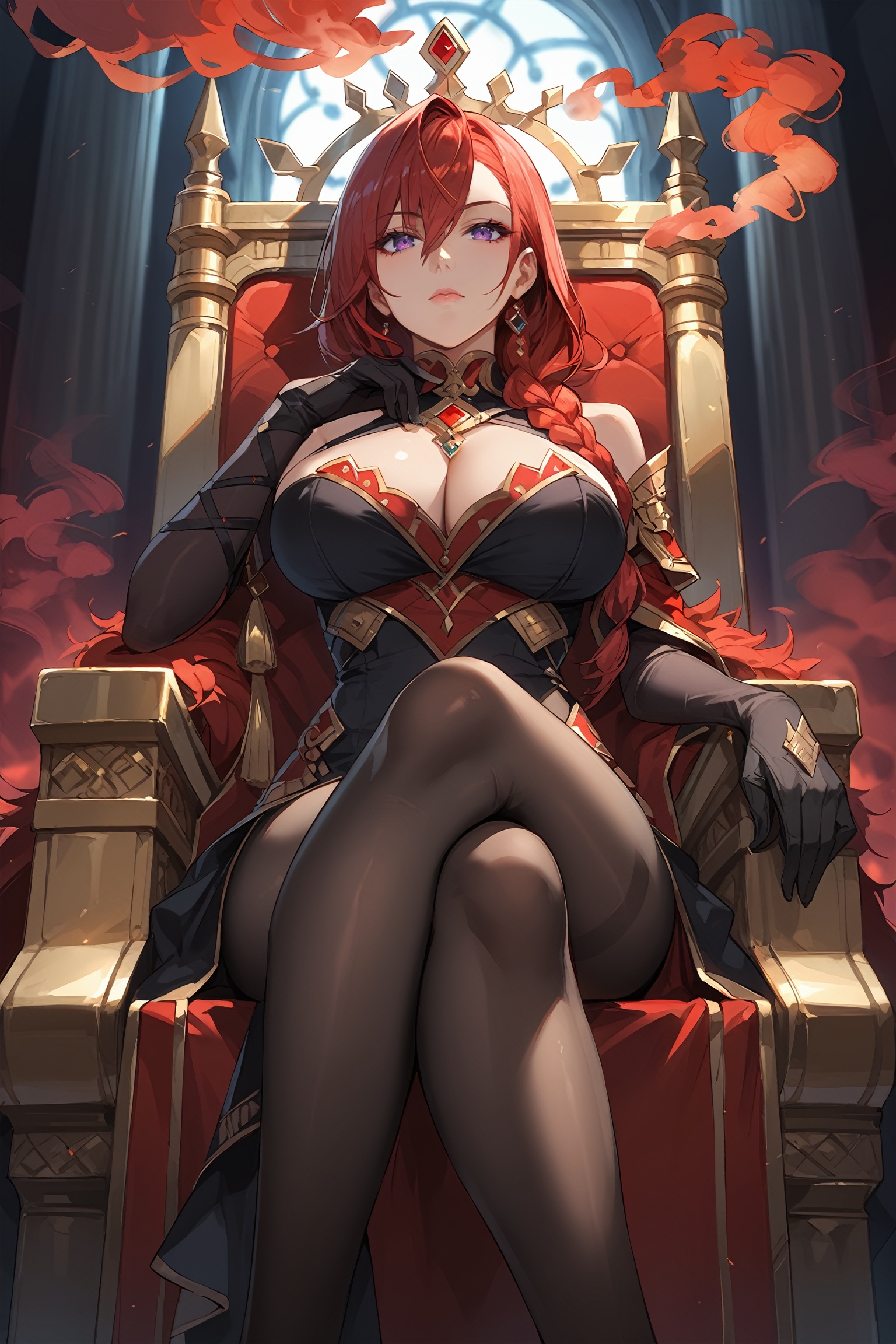 score_9, score_8_up, score_7_up, masterpiece, best quality, absurdres, very aesthetic, source_anime, detailed illustration, 8K UHD, ((from below angle:1.2)), ((the red queen)), 1girl, solo, looking at viewer, red hair, long hair, single braided hair, hair over shoulder, hair between eyes, purple eyes, big breasts, closed mouth, emotionless, bare shoulder, black dress, intricate dress, red jewelry, royal dress, side cut dress, ((black pantyhose)), sitting on throne, crossed legs, black arms sleeve, cleavage cutout, ((black gloves)), throne, dark background, overhead lighting, fantasy themed, depth of field, ((red smoke swirls around her:1.4))