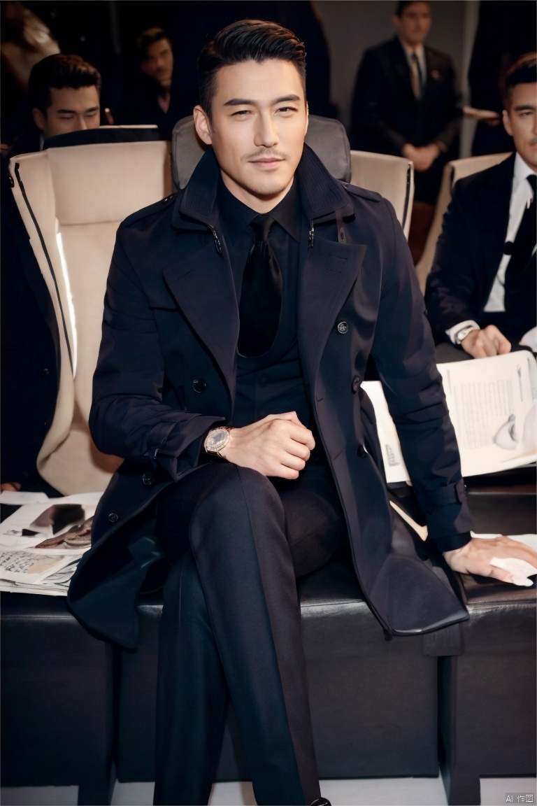 jzns,hbing,1man,fashion model,male focus,asian,solo,exquisite facial features,handsome,wristwatch, crossed legs, necktie, coat, sitting, black footwear, shirt, black necktie,black coat, looking at viewer, blurry, pants, white shirt, solo focus, facial hair, black pants, blurry background, collared shirt, mature,(masterpiece, realistic, best quality, highly detailed,profession), 