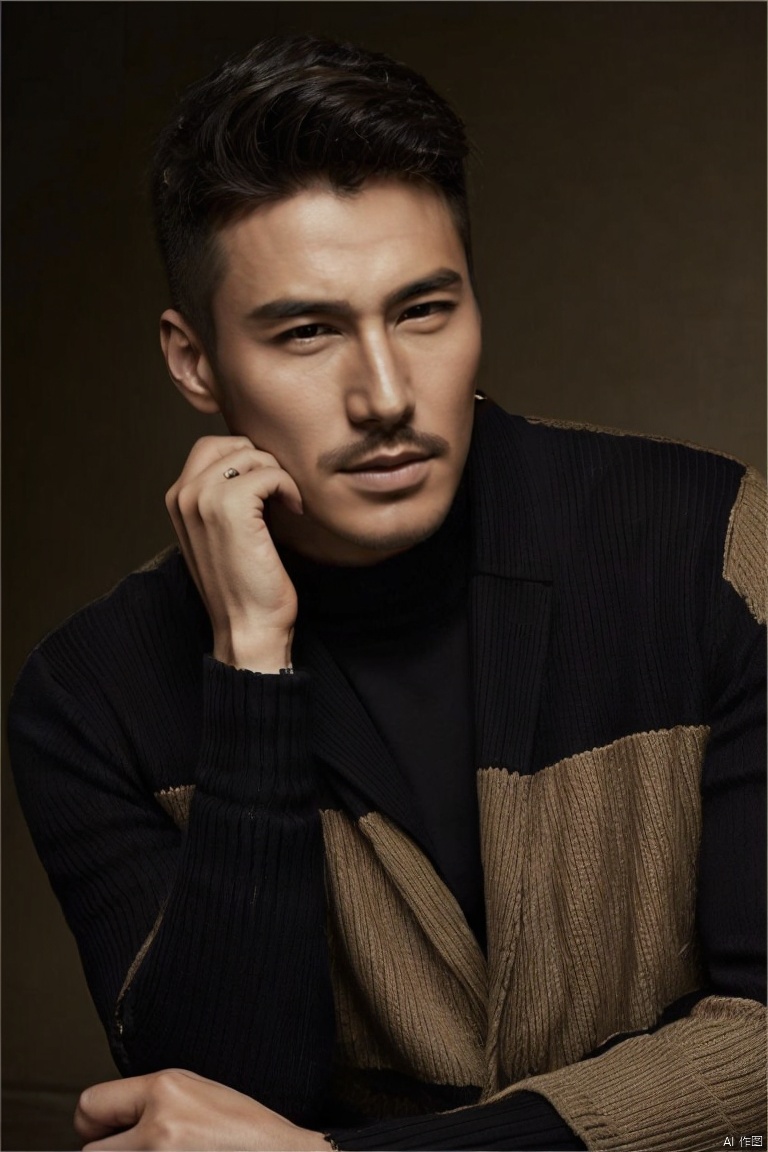 jzns,hbing,1man,fashion model,male focus,asian,solo,exquisite facial features,handsome,fashion forward,solo, shirt, long sleeves, looking at viewer, striped, facial hair, upper body, portrait, hand on own chin, mature,(masterpiece, realistic, best quality, highly detailed,profession), 