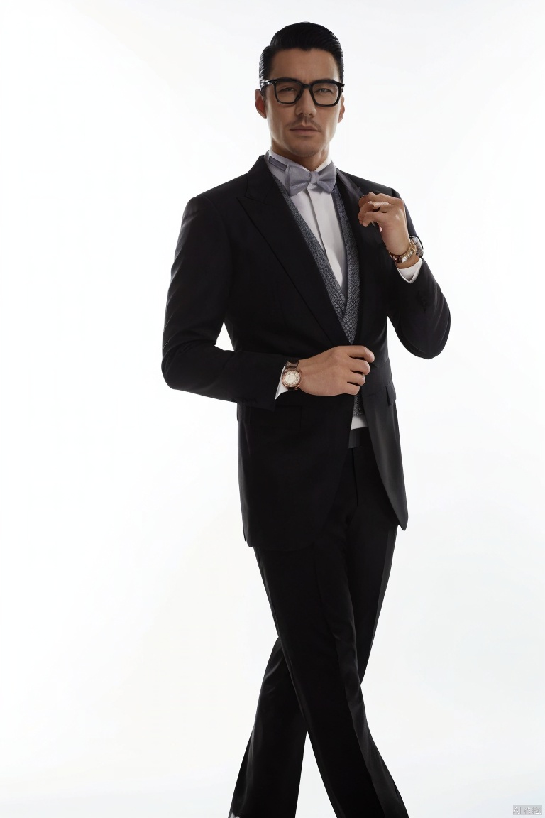 jzns,hbing,1man,fashion model,male focus,asian,solo,exquisite facial features,handsome,fashion forward, glasses, watch, wristwatch, formal, shirt, white background, simple background, suit, black pants, bow, pants, white shirt, bowtie, long sleeves, formal,tuxedo, model pose, mature,(masterpiece, realistic, best quality, highly detailed,profession), 