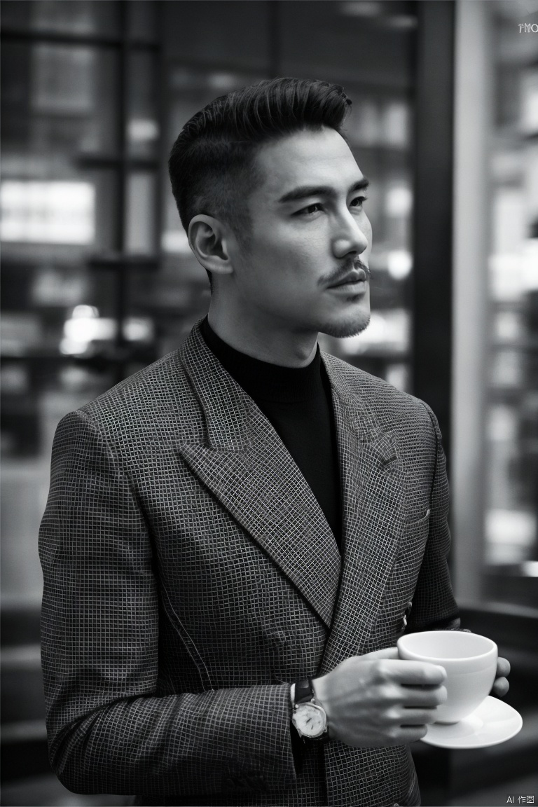 jzns,hbing,1man,fashion model,male focus,asian,solo,exquisite facial features,handsome,fashion forward,greyscale, watch, monochrome, wristwatch, cup, facial hair, plaid suit, mature,(masterpiece, realistic, best quality, highly detailed,profession), 